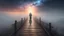 Placeholder: walking straight ahead over a wooden bridge, holding the angel of death with your right hand, entering the fog at the end of the road that leads to the afterlife, and a beautiful sunset and galaxy's behind the fog, realistic