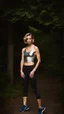 Placeholder: photography of a beautiful anorexic woman, silver satin top, sports illustrated, capri leggins, short wavy bob haircut