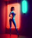 Placeholder: Ultra realistic photographic night portrait, cinematic, happy <pinup woman> in garage <droid friend>, hot, retro futuristic dress <Helmut newton photo style>, neon lights, color fog, soft color, highly detailed, unreal engine 5, ray tracing, RTX, lumen lighting, ultra detail, volumetric lighting, high definition.