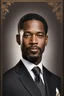 Placeholder: An extremely formal, funeral program on darkest bronze deeply pigmented velvet paper with brilliant, brightest heavy golden fonts, with a photograph on the front of the program of an strikingly handsome slightly tanned Biracial Black man of 50 years of age, with a slightly gray goatee dressed in a very dark conservative suit and tie, the photograph has a dark brown background or dark brown drapery background, simple, minimalistic, less element, very dramatic lighting