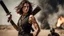 Placeholder: beautiful slender caucasian female technician, black tank top, knife-fighting a giant soldier, well toned muscles, weathered face, scratched sand camo metal details, short brunette wavy bob haircut, dystopian, desert scene with smoke and explosions, particles flying