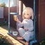 Placeholder: anime girl sitting on a porch swing of an old house, wearing pajamas, drinking a cup of coffee, writing in a book, its raining outside, more detail on hands and her face