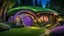 Placeholder: hobbit cottage in the woods surrounded by trees, night, fireflies, whimsical feel, pinks, blues, purple and green colors, circular hobbit-style door, circular hobbit-style windows, green grass roof