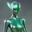 Placeholder: Focus on the standing figure of a green galactic female alien, her skin shimmering with iridescent green. Her eyes, large and multifaceted like precious gemstones, sparkle with a mischievous glint. Clad in a sleek silver suit that hugs her slender form, she moves with a grace that is otherworldly, her movements fluid and elegant. The suit seems to be woven from strands of liquid mercury ends with silver boots, reflecting the ambient light in dazzling patterns that dance across its surface.