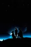 Placeholder: Black background on a mountaintop and three sitting silhouettes. The first silhouette is of a fit woman, the second silhouette is of a fit man sitting beside each other. The third silhouette is of a Belgian Malinois dog sitting next to the first silhouette of a fit woman looking at the stars.