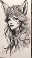 Placeholder: bits of color, furistic Sketch book, hand drawn, dark, gritty, realistic sketch, Rough sketch, mix of bold dark lines and loose lines, bold lines, on paper, ahari, fox girl, league of legends, eyes mask, leaves, animals, runes, dark theme,