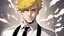 Placeholder: 18 year old boy in white shirt black tie short yellow hair serious and handsome DC Comics art in a dark place lighting a lighter