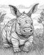 Placeholder: create a 2d black outline, "safari smiling cartoon rhino coloring book for adults", coloring page, low details design, black contour, coloring page design, simple background, colorful , card style, coloring page for kids, white background, sketch style, safari landscape, cartoon style