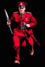 Placeholder: poster of a british soldier(uniform and face based on racist steriotypes) running towards viewer, a knife i one hand, and a gun(barrel pointing at viewer) in the other. retro poster monochrome with white background