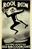 Placeholder: old man in 1928 poster advertising racoon tennis, raccons flying in air between tennis rackets