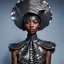 Placeholder: Whimsical wakanda fashionista in fashion Helical and spiral dress and hat made of titanium spoons and forks, photo realistic, hd, by Rene Magritte and yayoi kusama