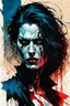 Placeholder: create a highly ethereal, darkly magical full body portrait illustration of a ragged Brujah female vampire , with highly detailed and deeply cut facial features, in the comic art style of FRANK MILLER and BILL SIENKIEWICZ, searing lines and forceful strokes, precisely drawn, boldly inked, with vibrant colors, dramatic otherworldly lighting