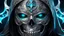 Placeholder: Highly Detailed Epic Zoom Out Photo Of Full Face, otherworldly silver filigree skull mask with cyan eyes, shrouded in darkness, Intricate, Dystopian, Extremely Detailed, wet, Digital Painting, Artstation, Concept Art, Smooth, Sharp Focus, Illustration, Intimidating Lighting, Incredible Art By Artgerm, Intricate Detail