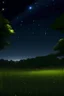 Placeholder: Tall grass, night time, stars visible hilltop, looking down at . anime Oak trees, abandon high tech facility