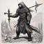 Placeholder: Alrabeg who bears the Spear of Bitter Mercy He comes here from the Hunting Grounds to hunt new prey, in Gel Pen art style