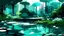 Placeholder: Abstract digital painting of a futuristic and sustainable garden with a lake. Colors are light blue, dark green and light grey.