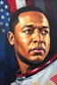 Placeholder: an expressive painting of Apollo 11 Louise Armstrong side view face with the American flag in the background, might see a companion with features of absolute strength and determination, blended with warmth and deep faith. Perhaps his head expresses wisdom and courage, with eyes radiating confidence and faith.