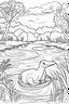 Placeholder: Draw a whimsical scene of a platypus exploring a riverbank, clean line art, white background, no shadows, well outlined, for kids coloring book.