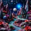 Placeholder: Detailed creepy odd landscape made of modeling clay, naïve, houses, rock formations, people walking, Tim Burton, flowers, stars and planets, Harry Potter, strong texture, extreme detail, decal, rich moody colors, sparkles, clean, bokeh, odd