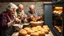 Placeholder: Elderly pensioners baking bread. Weighing ingredients, mixing, kneading, cooking in the oven, and the finished loaves. Everyone is happy. Photographic quality and detail, award-winning image, beautiful composition.