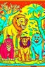 Placeholder: COLORED DRAW OF A LION, A PANDA, A GIRAFFE AND A MONKEY ON THE JUNGLE, CARTOON STYLE, LOW DETAILS, THICK LINES