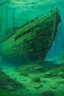 Placeholder: A bluish green shipwreck in deep underwater designed in ancient Roman mosaics painted by Birge Harrison