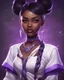 Placeholder: arcane tv show style, league of legends, solo, 1girl, attractive teenager, african, dark skin, dark-brown eyes, black hair, pair buns, violet strands of forehead bangs, necklace, earrings, modern makeup, (detailed skin texture), white oversize shirt