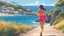 Placeholder: Draw the side view of a natural beautiful woman running along the coastal road by Laguna Beach, wearing tight workout short clothes and a cap, golden ratio, fake detail, trending pixiv fanbox, acrylic palette knife, style of makoto shinkai studio, high quality, 8k