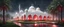 Placeholder: Hyper Realistic massive huge white-red mosque at a rainy night with grassy pathway & palm trees