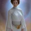 Placeholder: hyperspace background, complete and photo realistic detailed head to waist stunning photo realistic portrait of carrie fisher as Princess Leia in star wars with photo realistic updo hair by Mandy Jurgens and mucha and Richard Schmid and chuck close and chie yoshii, extraordinary and detailed ceremony dress of star wars,brown eyes