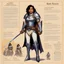 Placeholder: character concept sheet with AD&D statistics and characteristics, [illustration by Angus McBride] Rosie Perez as a female paladin