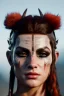 Placeholder: Barbarian character, animal hide armor, physically fit, tribal tattoos, scars, washboard abs, red facepaint, red hair, dark eyeshadow, intricate eyeliner, soft round eyes, beads in hair, 8k resolution, cinematic smooth, intricate details, vibrant colors, realistic details, masterpiece, oil on canvas, smokey background
