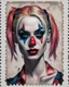 Placeholder: realistic portrait of harley quinn a british postage stamp with the beautiful portrait, beautiful postage stamp, polyptych, in the style of francis bacon