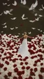 Placeholder: White wings, scissors, red dress in the middle of a field of white roses. Cinematic photo from above