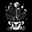 Placeholder: Make black and white cute drawing of a Mandrake with black bold lines. Only outline, no grayscale. A funny, baby-like mandrake plant with leafy "hair," sticking out of a pot. It has a cute, exaggerated screaming face as if it’s being pulled out of the soil, surrounded by sparkles and tiny magical mushrooms.