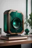 Placeholder: a home SPEAKER with a screen and it is made of a industrial emerald on a desk design in the style of art deco