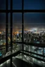 Placeholder: top floor of skyscrapper in moder city at night sky next to a wide window ,city scape at backgrownd