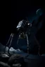 Placeholder: eight legged mechanical walker scaling a very steep rocky side of mout everest at night, it has a smooth surface, it has storage pods on its belly human can fit in the pods