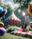 Placeholder: Wes Anderson photographer, Ultra realistic garden scene, wide angle view, teenager playing with feather pillows and inflatable monsters, circus dress style, feather color, free jumping, many trinkets, hair monster, many jelly beans, balls, smile, extreme, wind, soft color, highly detailed, unreal engine 5, ray tracing, RTX, lumen lighting, ultra detail, volumetric lighting, 3d, finely drawn, high definition.