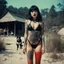 Placeholder: The Dark Lord's Granddaughter: Carefree Vacation with her canines like bloody fangs, covered by tattoos and lace swimsuit [vintage style noisy scratches glitches, Shot the texture and then rewound the film and double exposed from a 1970 B series movie]