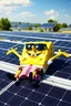 Placeholder: Spongebob lying on a solar panel, sunbathing, sunglasses on, towel on his legs, solar farm in the background