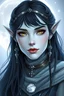 Placeholder: Generate a dungeons and dragons character portrait of a beautiful female elf with pale blue skin and long black hair and bright gold eyes, who is a cleric of the moon, recolor image in white, silver and slate blue with a moon and celestial theme,