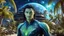 Placeholder: beautiful gorgeous young man na'vi with long hair, Avatar, blue skin, two small ears, green eyes, black hair, in cosmic suit, galactic ambiance, medium pointy goatee , smiling, with spaceship and planets and palm trees and clear crystaline cosmic beach in background