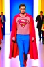 Placeholder: A guy on a fashion runway with Superman invernal clothes style embroidery without cape