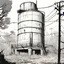 Placeholder: water tank, bared land, post-apocalypse, front view, comic book, cartoon,,