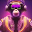 Placeholder: A beautiful portrait of a cyborg monkey purple neon color scheme, high key lighting, volumetric light high details psychedelic background