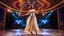Placeholder: full body shot of a very beautiful Azeri lady with makeup and bob hair, wearing a pretty jewelled long skirt and heels, dancing gracefully on a modern stage with luxury structure and dynamic color lights.