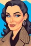 Placeholder: 1950s cartoon hero portrait of a famous, long-headed gypsy brunette actress wearing fur and looking luxurious