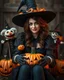 Placeholder: Portrait beautiful woman brown hair in unique custom fashion witch style Happy Halloween,sitting biggest pumpkin Halloween ,sorrounded by puppets Halloween