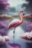Placeholder: A purple colour flamingo , in a lake , with white flowers , high quality, beautiful scene and 8k , Bosch painting style ,